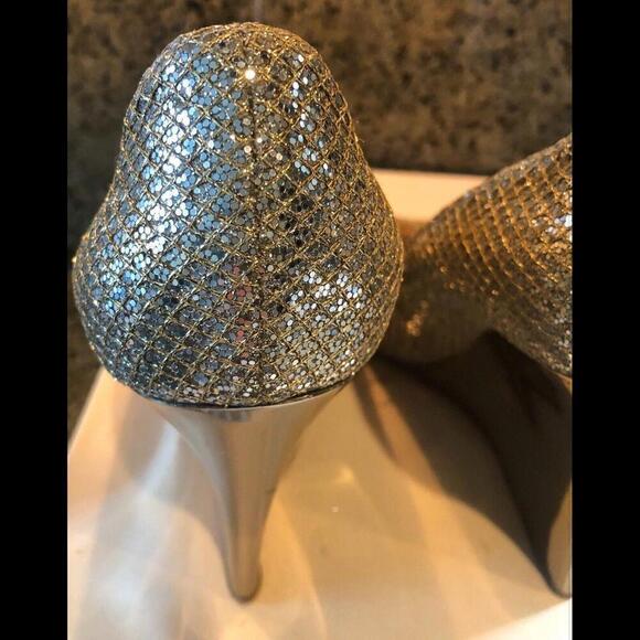 JIMMY CHOO BEllO Wedge Pump Shoes Champagne Glitter Bridal Shoe Euro 39.5 Us 9.5 - Picture 3 of 9